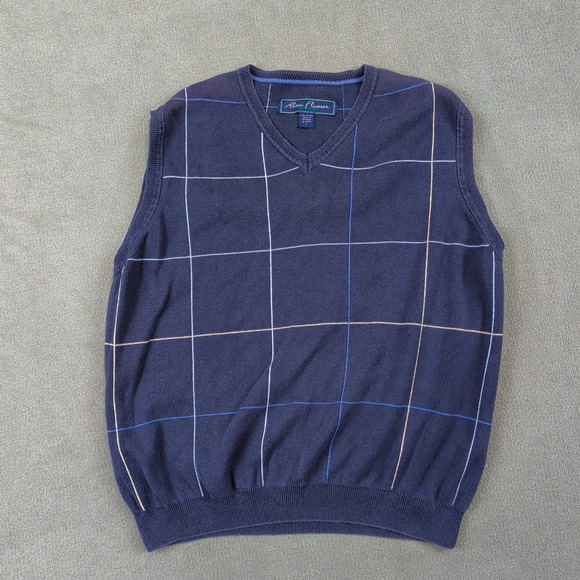 Alan Flusser Golf Sweater Vest Mens Large Navy Blue Windowpane Plaid 100% Cotton — photo 2